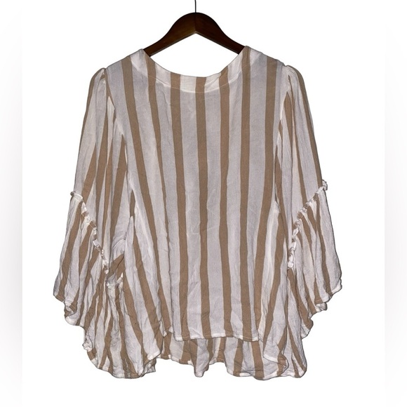 Maurice’s Stripe Peasant Blouse Flutter Sleeve Khaki Beige Women‎ XL Office Work - Picture 1 of 9